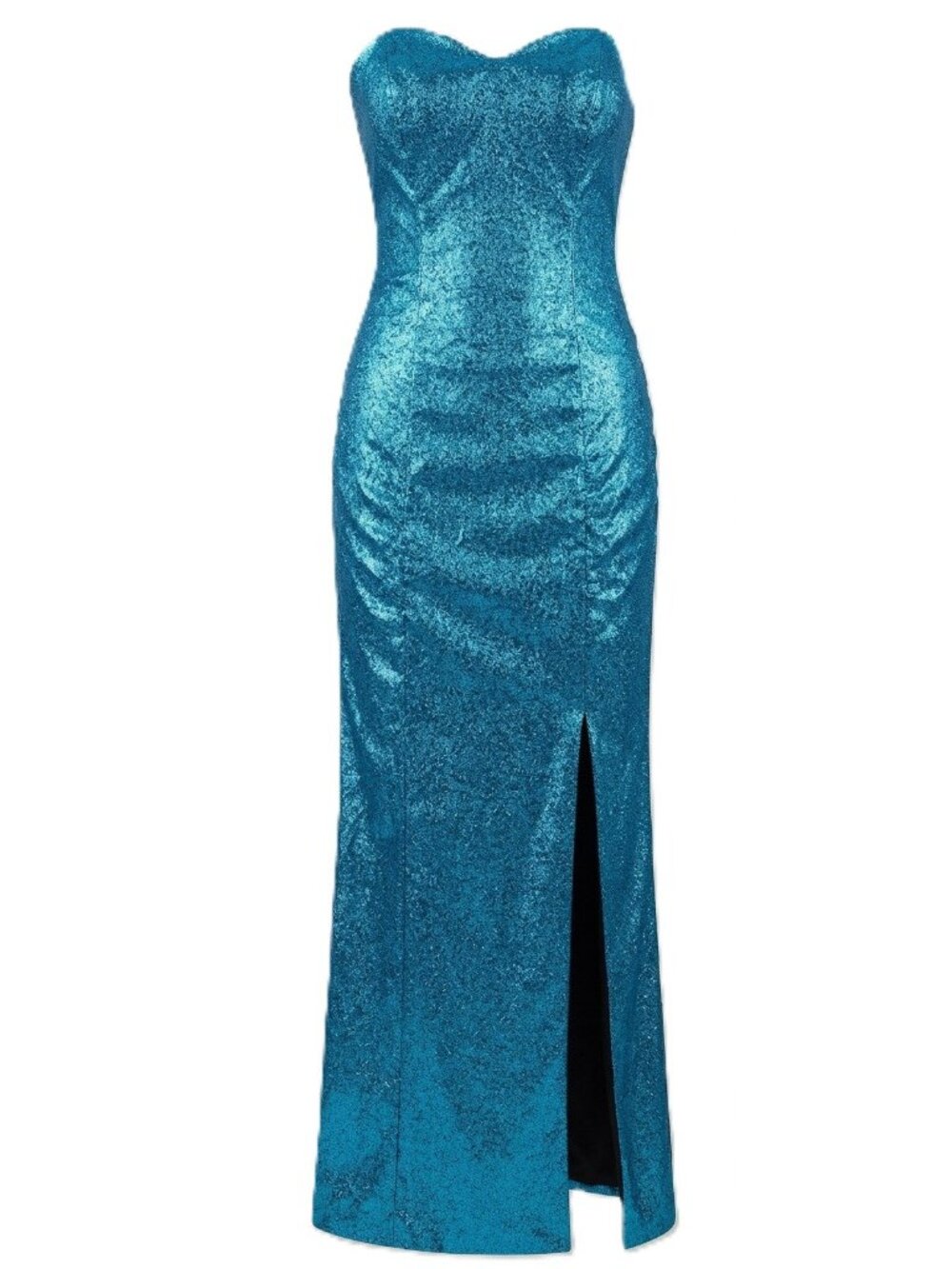 Metallic Teal Blue Strapless Ruched Midi Dress with Front Slit